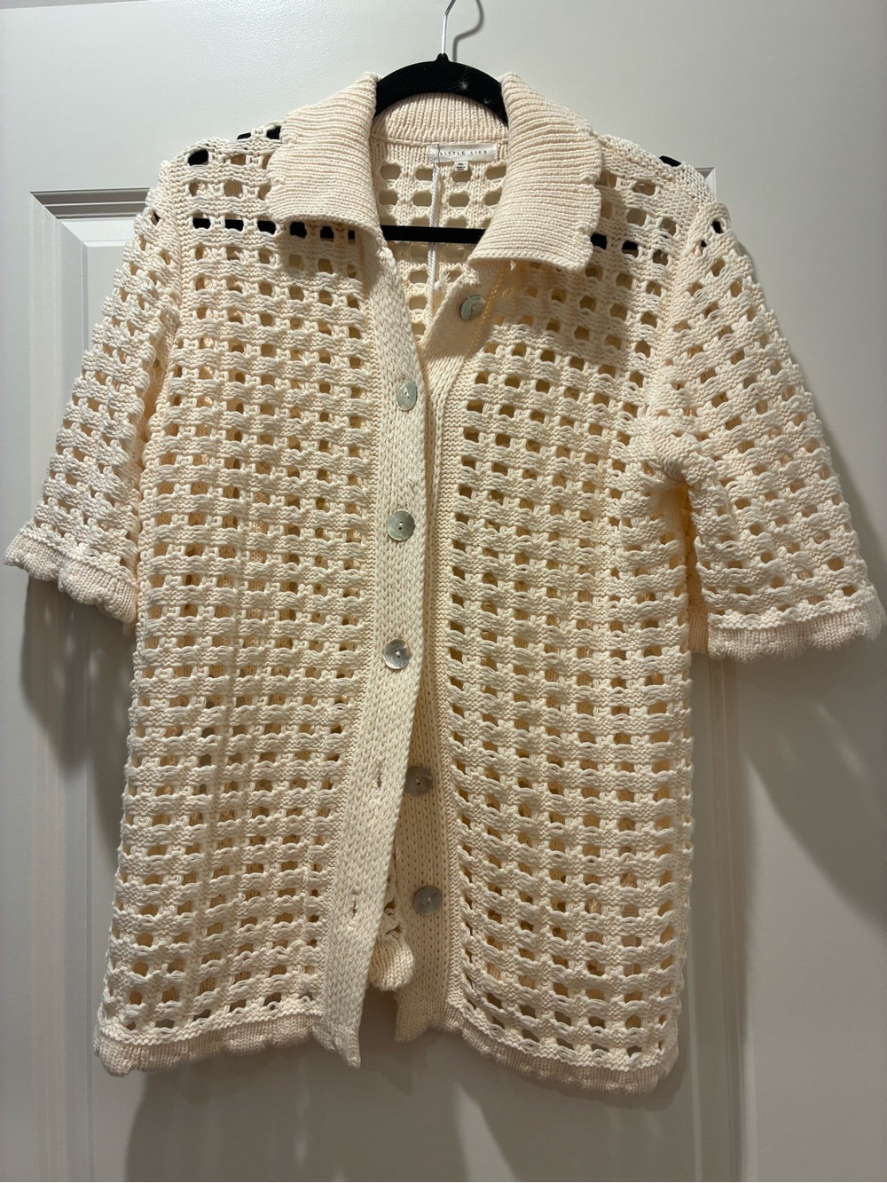 Open-Knit Cream Button-Front Collared Cardigan
